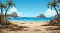 Cartoon beach scene with palm trees and rocks, AI