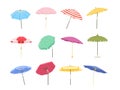 Cartoon beach umbrella. Sun protective outdoor large parasols with stripes, summer sunshade isolated vector illustration Royalty Free Stock Photo