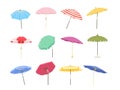 Cartoon beach umbrella. Sun protective outdoor large parasols with stripes, summer sunshade isolated vector illustration set Royalty Free Stock Photo