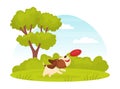 Cartoon Beagle Dog Character Play Frisbee on Green Lawn Vector Illustration