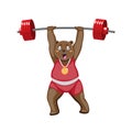 Cartoon bear athlete with a barbell on a white isolated background. Vector image