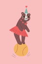 Cartoon bear character on ball in costume - card Royalty Free Stock Photo