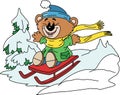 Cartoon bear having fun on a red sledge in winter time vector
