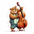 Cartoon Bear Musician. Cute teddy bear with contrabass in a stylish suit on a white background.