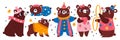 Cartoon bear with objects. Funny animal characters. Circus costumes and attributes. Forest mascot sleeping or juggling Royalty Free Stock Photo