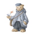 Cartoon bear postman with letter, romantic watercolor style illustration, valentines clipart