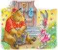 cartoon bear and rabbit personages at the doorstep of the house