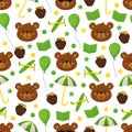 Cartoon bear seamless pattern. Funny animals heads, brown grizzly characters, forest mammals faces and objects, recent vector Royalty Free Stock Photo