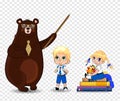 Cartoon bear teacher in glasses holding pounter and school children isolated, clip art Royalty Free Stock Photo