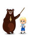 Cartoon bear teacher and school boy sitting on books pile isolated, clip art Royalty Free Stock Photo