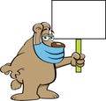 Cartoon bear wearing a protective mask while holding a sign.