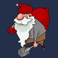 Cartoon bearded dwarf man in red cap wearily walks with a bag and a shovel