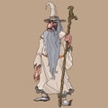 Cartoon bearded fairy old man with a staff