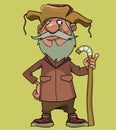 Cartoon bearded grandfather in hat with earflaps with a stick in his hand