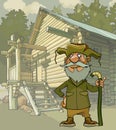 Cartoon bearded grandfather with a stick stands near a wooden house