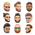 Cartoon bearded hipster man and male hairstyle vector set