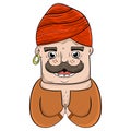 Cartoon bearded Indian man with a gold earring, turban on the head utters a prayer. vector illustration