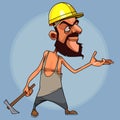 Cartoon bearded male builder in helmet and with hammer in hand shows to the side