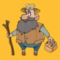 Cartoon bearded man with a basket of mushrooms and a staff