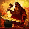 Cartoon bearded man blacksmith forges a sword in a fire forge Royalty Free Stock Photo