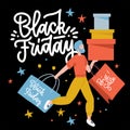 Cartoon bearded man carry boxes and shopping bags during Black friday sale. Colorful male buyer enjoying discount
