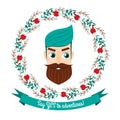 Cartoon bearded man in flower wreath. Handsome hipster male face. Emblem with text say yes to adventures