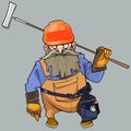 Cartoon of a bearded man in helmet and working clothes with the tools