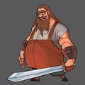 Cartoon bearded man standing with a sword in his hand