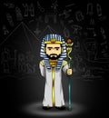 Cartoon bearded man wearing ancient egyptian pharaoh clothes holding scepter standing on black background with graffiti