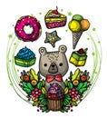 The cartoon bears around them have sweets and flowers