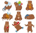 Cartoon bears. Happy bear, grizzly eats honey and brown bear character in funny poses isolated vector illustration