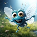 Cartoon Beautiful Cute Little Blue Fly Character Person extreme closeup. Generative AI