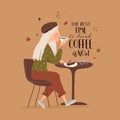 Cartoon beautiful girl drinking coffee at cafe