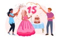 Cartoon beautiful girl in pink dress and friends celebrate with cake, boy holding balloons with number 15. Quinceanera