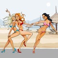 Cartoon beautiful girls in bikinis dancing on the beach