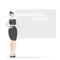 Cartoon beautiful smiling woman presentation speaker near big clean board  business lady, vector illustration Royalty Free Stock Photo