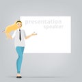 Cartoon beautiful smiling woman presentation speaker near big clean board  business lady, vector illustration Royalty Free Stock Photo