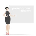 Cartoon beautiful smiling woman presentation speaker near big clean board  business lady, vector illustration Royalty Free Stock Photo