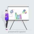 Cartoon beautiful smiling woman presentation speaker near board with graphs, business lady, vector illustration Royalty Free Stock Photo