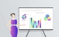 Cartoon beautiful smiling woman presentation speaker near board with graphs, business lady, vector illustration Royalty Free Stock Photo