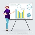 Cartoon beautiful smiling woman presentation speaker near board with graphs, business lady, vector illustration Royalty Free Stock Photo