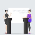 Cartoon beautiful smiling Women presentation speaker debates near big clean board  business lady, vector illustration Royalty Free Stock Photo