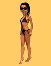 Cartoon beautiful tanned woman in swimsuit and sunglasses