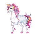 Cartoon beautiful unicorn on white background. Isolated image with magic horse or pony. Fairytale animal. Children`s illustration. Royalty Free Stock Photo