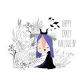 Cartoon Beautiful Witch walking in Flowers on White Background Royalty Free Stock Photo