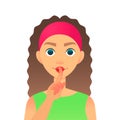 Cartoon beautiful woman saying hush be quiet with finger on lips gesture. Flat secret girl. Female silent gesture with