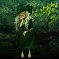 Cartoon beautiful woman in a witch costume lost in thought sits in the forest