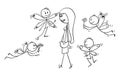 Cartoon of Beautiful Young Woman and Group of Swains Flying Around Like Butterflies