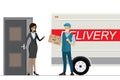 Cartoon beauty african american woman near door and deliveryman in uniform with parcel box Royalty Free Stock Photo