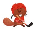 Cartoon Beaver Character Standing Wearing Hockey Uniform Ready to Play Hockey Vector Illustration